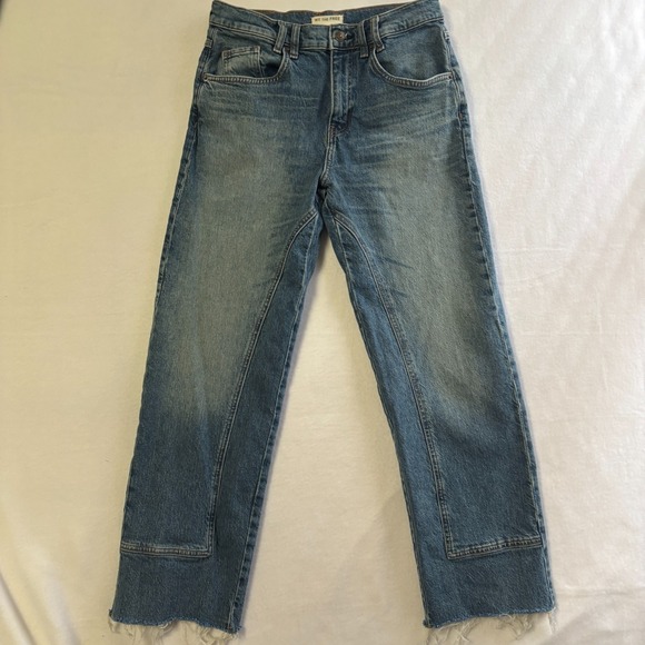 Free People We The Free 28 Risk Taker Jeans Blue High Rise Straight Raw Hem Boho - Picture 2 of 10